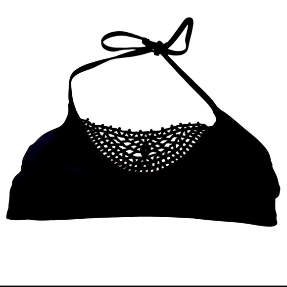 Women’s NWOT Xhiliration Black Halter Bikini Top with Crochet Detail, Medium - Picture 1 of 3